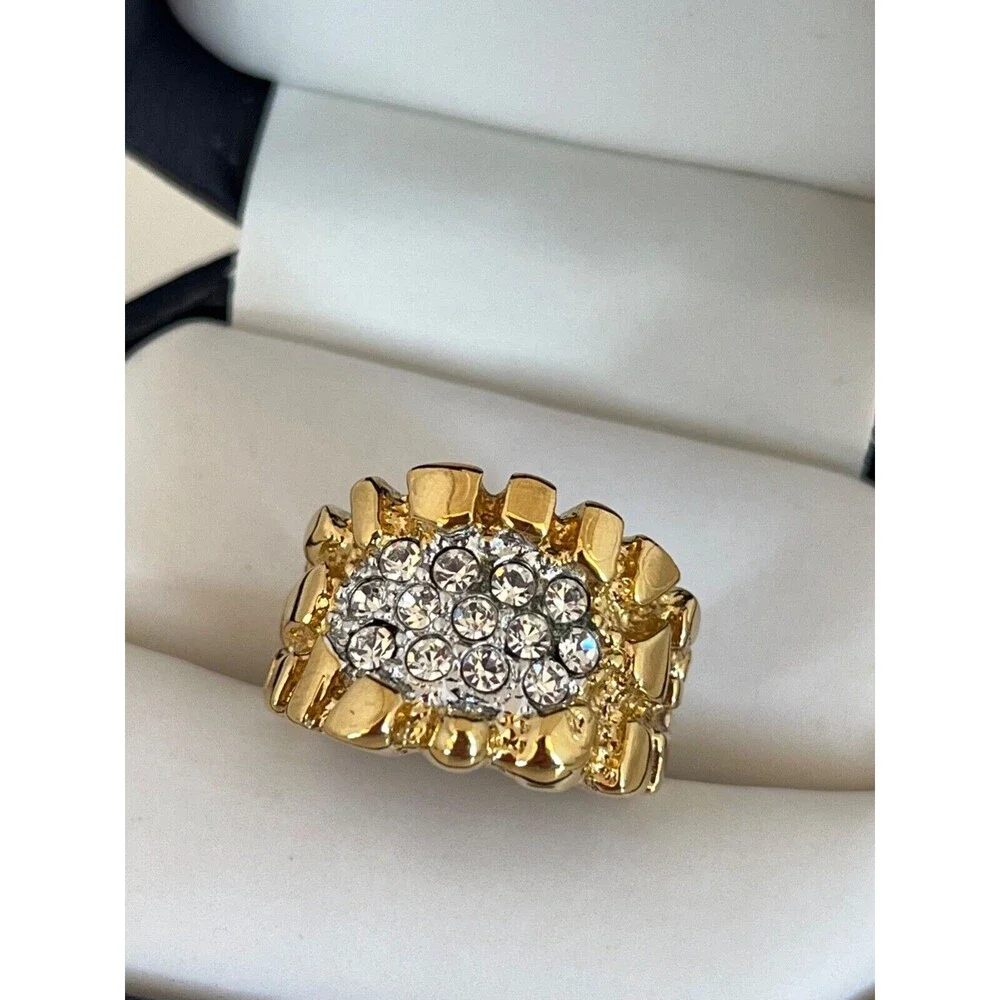 Vintage 1970s Nugget Ring Crystal Accents 14K Gold Plate Mens Size 9 - 5J